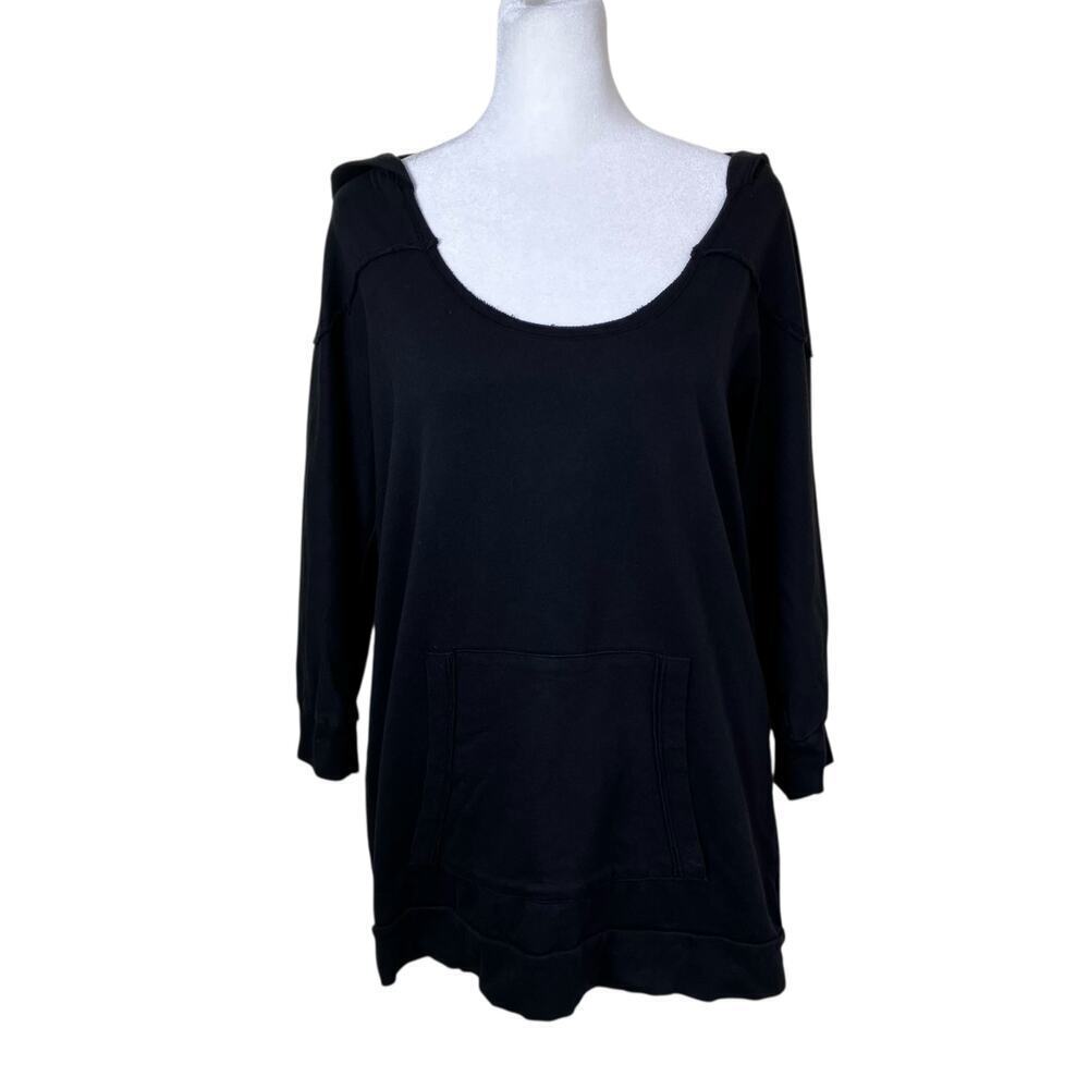 Free People Intimately Sz L Y2K Style Slouchy Hoodie Sweatshirt 3/4 Sleeve Black